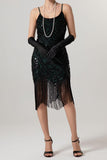 Sparkly Black Sequin Spaghetti Straps Bodycon Short 1920s Dress with Fringes