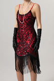 Sparkly Black Sequin Spaghetti Straps Bodycon Short 1920s Dress with Fringes