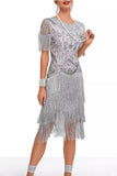 Sparkly Apricot Bodycon Fringed Short 1920s Dress with Rhinestones