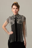 Sparkly Black Golden Beaded 1920s Cape with Fringes
