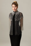 Sparkly Beaded Black Golden 1920s Cape with Fringes