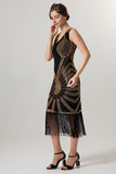Sparkly Black Golden Bodycon Beaded Short 1920s Dress with Fringes