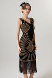 Sparkly Black Golden Bodycon Beaded Short 1920s Dress with Fringes