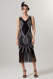 Sparkly Black Golden Bodycon Beaded Short 1920s Dress with Fringes