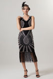 Sparkly Black Golden Bodycon Beaded Short 1920s Dress with Fringes