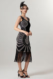 Sparkly Black Golden Bodycon Beaded Short 1920s Dress with Fringes