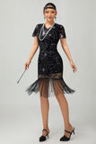 Black Red Fringed 1920s Sequin Flapper Dress