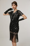Sparkly Black Sequin Bodycon Short Sleeves 1920s Dress with Fringes