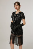 Sparkly Black Sequin Bodycon Short Sleeves 1920s Dress with Fringes