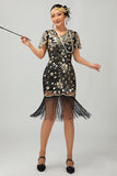 Black Red Fringed 1920s Sequin Flapper Dress