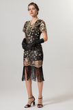 Sparkly Black Sequin Bodycon Short Sleeves 1920s Dress with Fringes