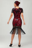 Black Red Fringed 1920s Sequin Flapper Dress