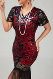Black Red Fringed 1920s Sequin Flapper Dress
