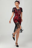 Black Red Fringed 1920s Sequin Flapper Dress