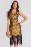 Sparkly Black Golden Bodycon Sequin Short 1920s Dress with Fringes