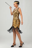 Sparkly Black Golden V Neck Bodycon 1920s Dress with Fringes