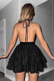 Glitter Black A Line Halter Tiered Short Homecoming Dress