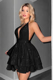 Glitter Black A Line Halter Tiered Short Homecoming Dress