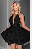 Glitter Black A Line Halter Tiered Short Homecoming Dress
