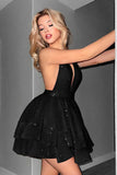 Glitter Black A Line Halter Tiered Short Homecoming Dress