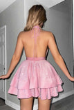 Glitter Black A Line Halter Tiered Short Homecoming Dress