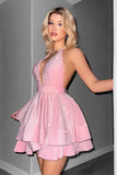 Glitter Black A Line Halter Tiered Short Homecoming Dress