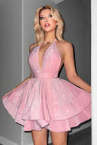 Glitter Black A Line Halter Tiered Short Homecoming Dress