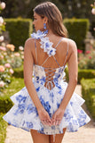 Pink Floral A Line Tiered Short Homecoming Dress with Ruffles