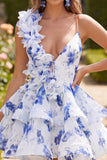 Pink Floral A Line Tiered Short Homecoming Dress with Ruffles