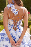 Pink Floral A Line Tiered Short Homecoming Dress with Ruffles