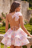Pink Floral A Line Tiered Short Homecoming Dress with Ruffles