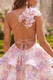 Pink Floral A Line Tiered Short Homecoming Dress with Ruffles