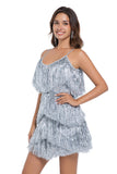 Sparkly Fuchsia Spaghetti Straps Tiered Short Homecoming Dress with Fringes