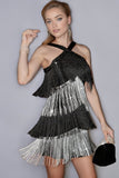 Sparkly Black Silver Short Tight Homecoming Dress with Fringes
