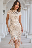 Sparkly Champagne High Neck Fringed Short 1920s Dress with Sequins