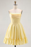 Yellow Strapless A-Line Corset Homecoming Dress with Beading