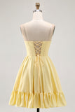 Yellow Strapless A-Line Corset Homecoming Dress with Beading
