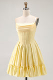 Yellow Strapless A-Line Corset Homecoming Dress with Beading