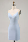 Blue Beaded Spaghetti Straps Bodycon Short Homecoming Dress