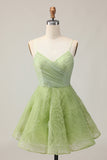 A Line Spaghetti Straps Green Ruched Short Homecoming Dress with Open Back
