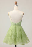 A Line Spaghetti Straps Green Ruched Short Homecoming Dress with Open Back