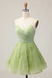 A Line Spaghetti Straps Green Ruched Short Homecoming Dress with Open Back