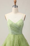 A Line Spaghetti Straps Green Ruched Short Homecoming Dress with Open Back