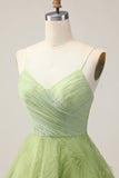 A Line Spaghetti Straps Green Ruched Short Homecoming Dress with Open Back