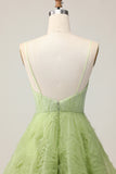 A Line Spaghetti Straps Green Ruched Short Homecoming Dress with Open Back