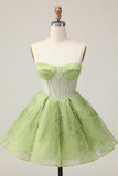 Green A Line Strapless Sheer Corset Ruched Short Homecoming Dress