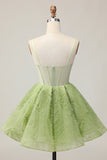 Green A Line Strapless Sheer Corset Ruched Short Homecoming Dress