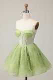 Green A Line Strapless Sheer Corset Ruched Short Homecoming Dress
