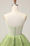 Green A Line Strapless Sheer Corset Ruched Short Homecoming Dress