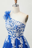 Royal Blue A-Line One Shoulder Tulle Homecoming Dress with Lace Up Back